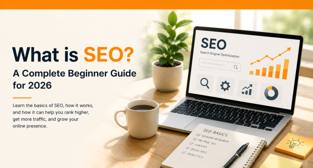 Modern SEO beginner guide header image showing laptop with SEO dashboard, charts, coffee mug, plant, and headline “What is SEO? A Complete Beginner Guide for 2026” on a clean workspace background.