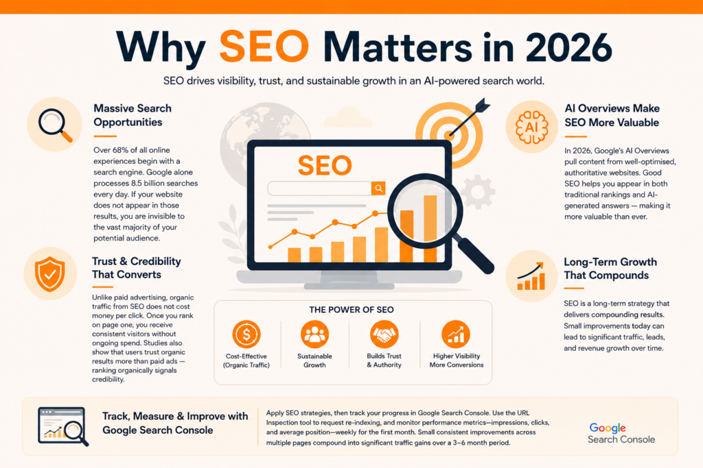 Why SEO matters in 2026 infographic showing search visibility, trust, organic traffic growth, AI Overviews, and Google Search Console tracking benefits - what is SEO